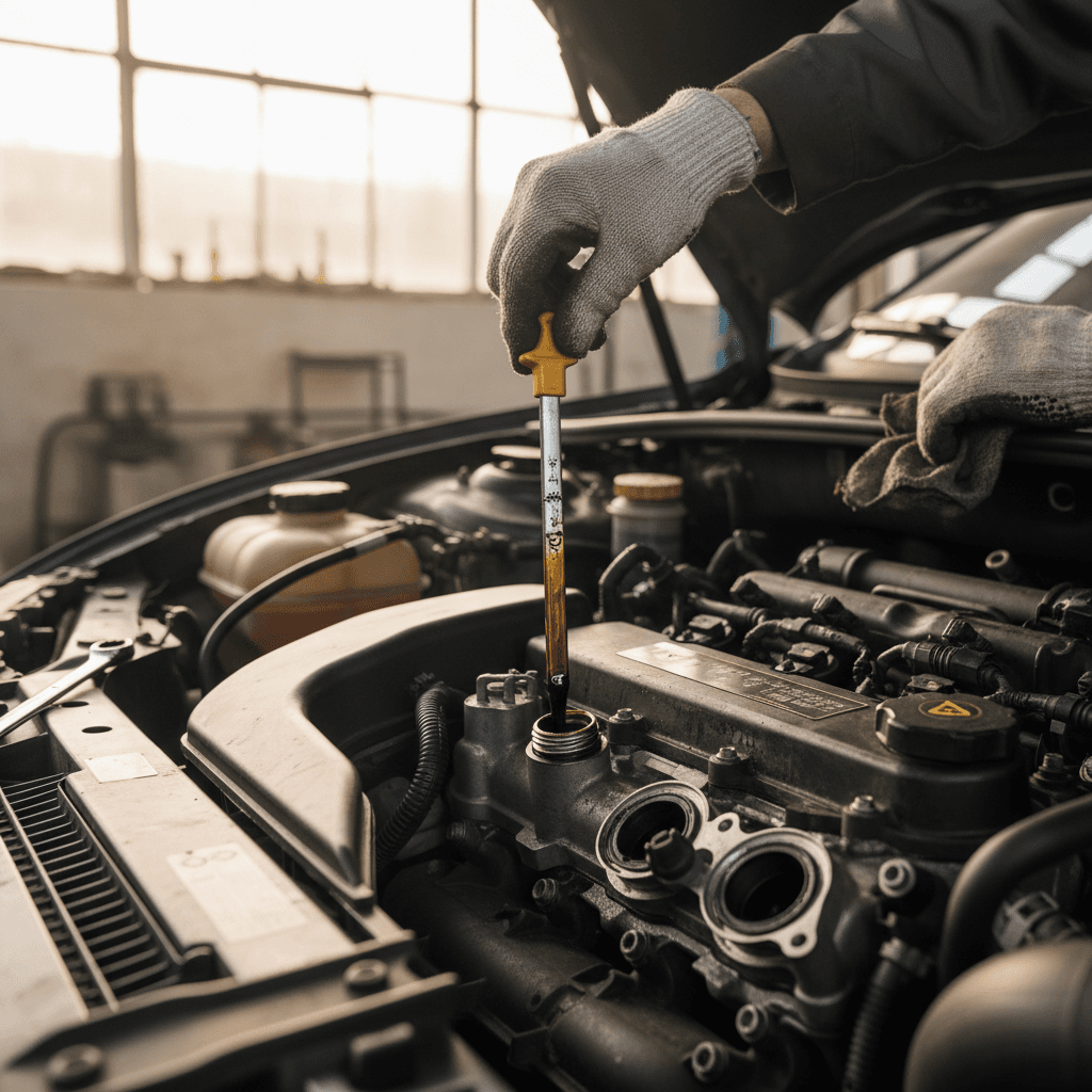 Oil and fluid check during routine vehicle maintenance