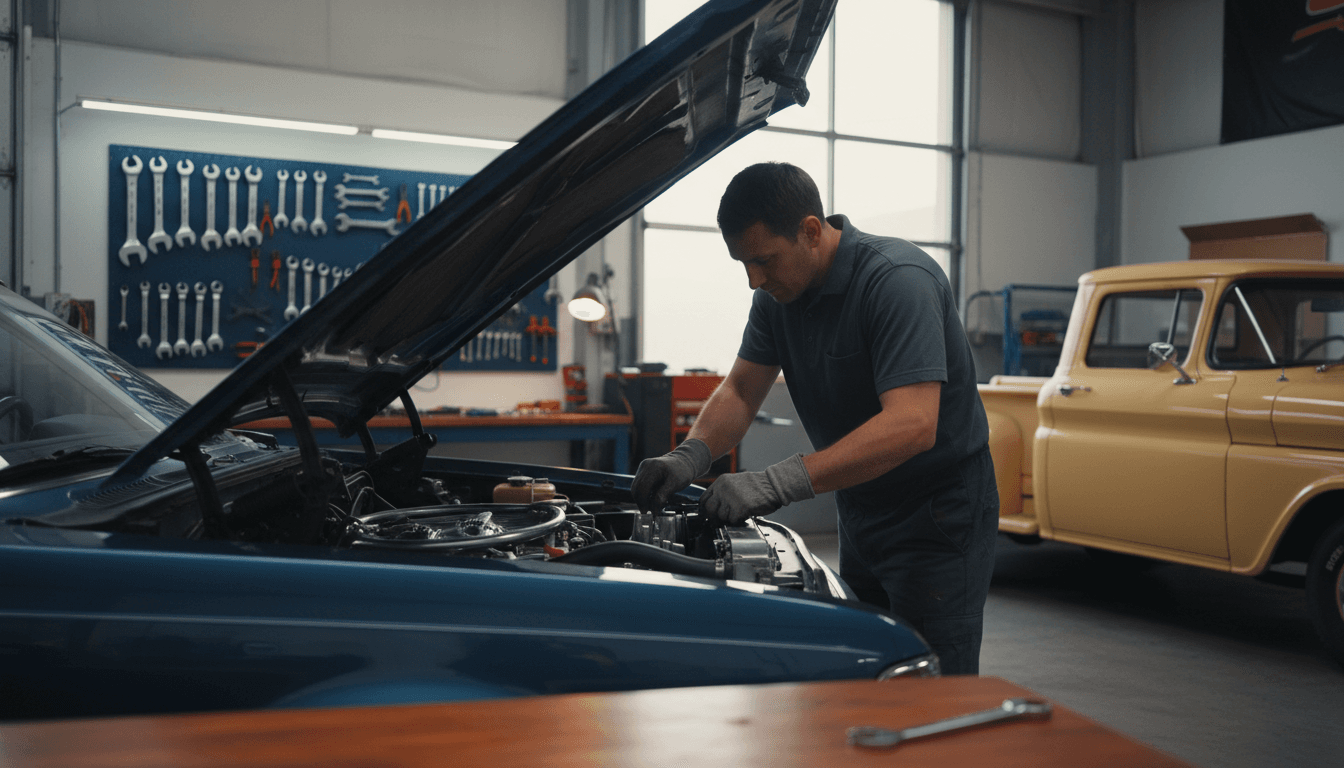 Experienced mechanic working on vehicle engine in clean automotive shop
