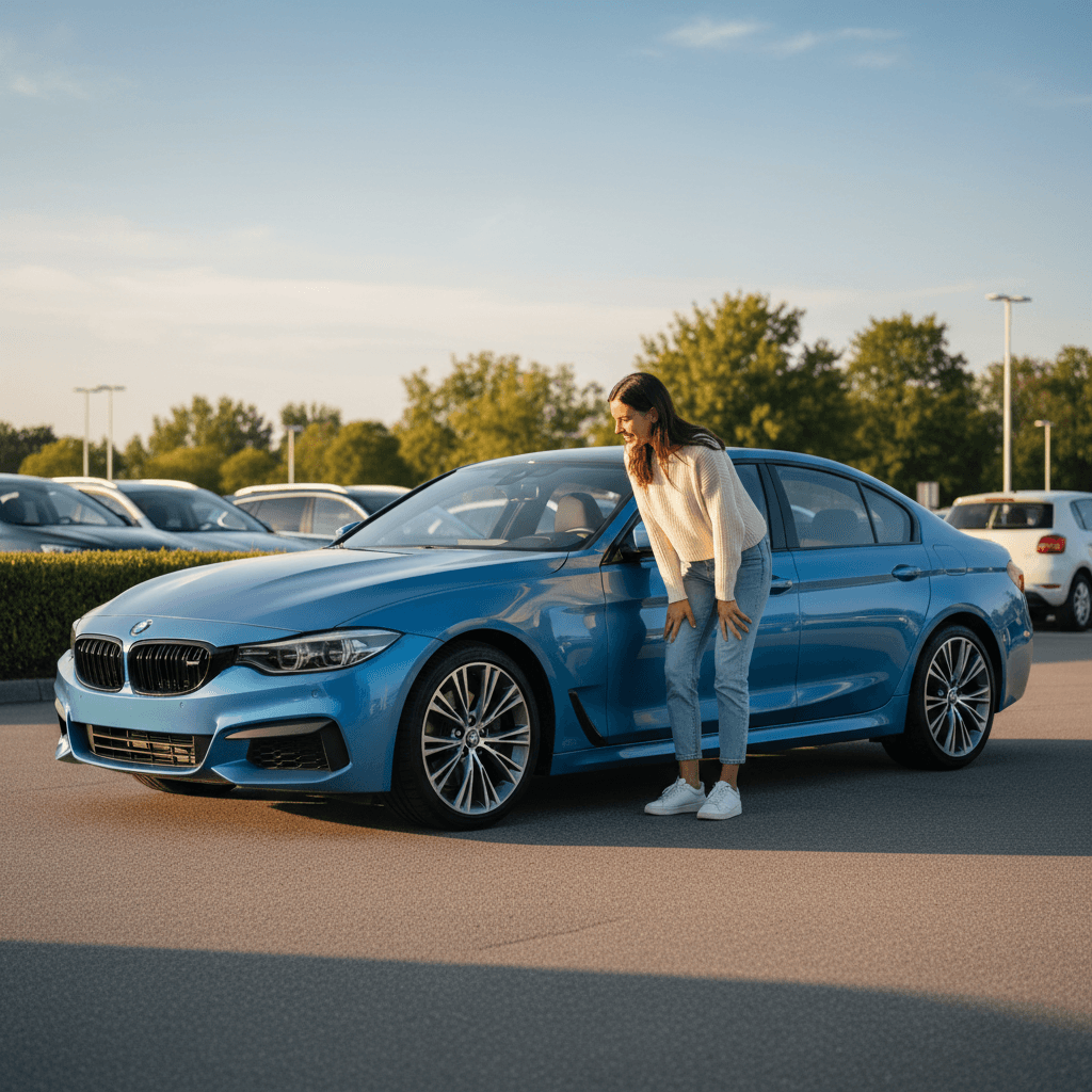 Pre-owned vehicle sales lot with customer
