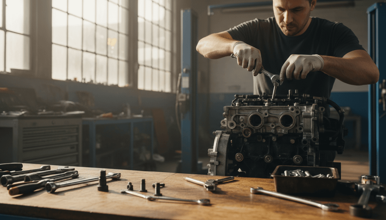 Mechanic working on vehicle engine repair